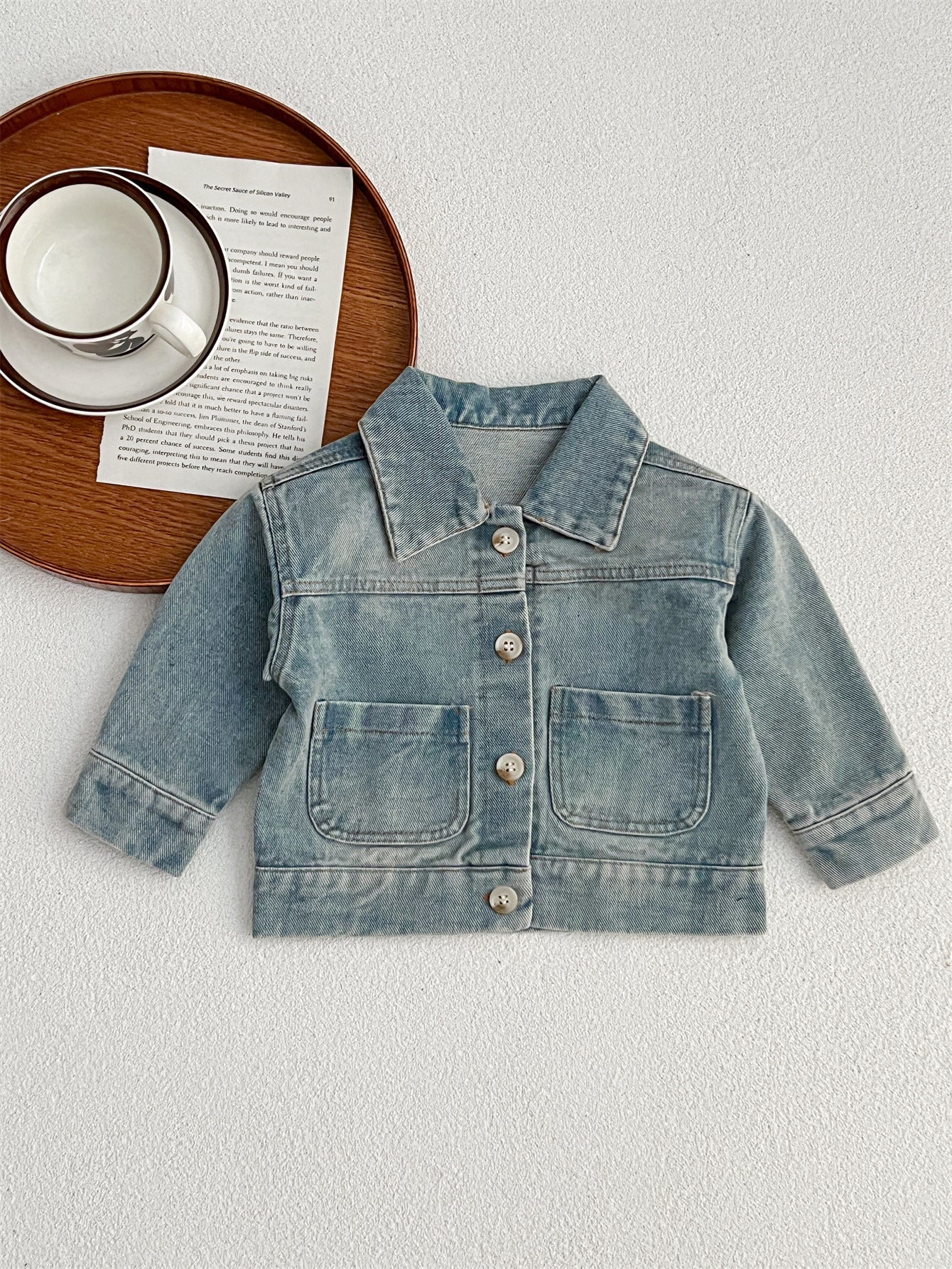 Baby Kids Button Front Design Washed Style Turndown Collar Denim Jacket Coat-1