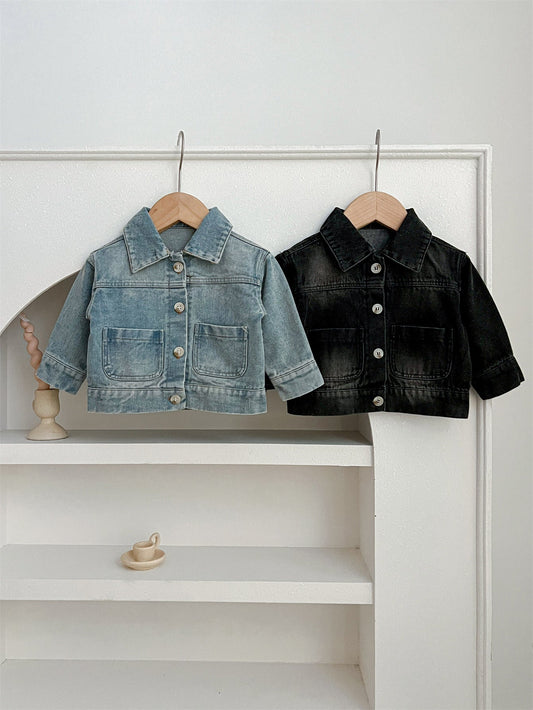 Baby Kids Button Front Design Washed Style Turndown Collar Denim Jacket Coat-0
